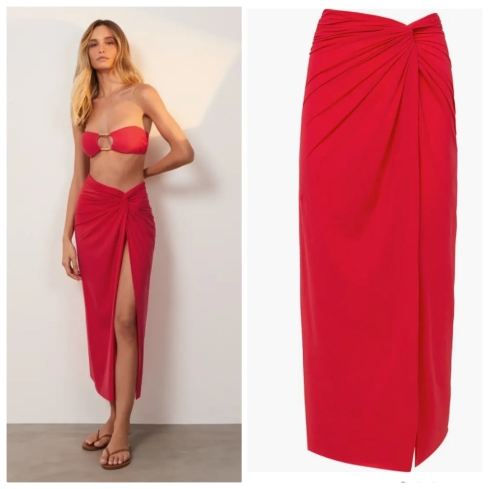 New ViX Karen Twist Pull-On Solid Red Midi Swim Beach Pareo Cover-Up Skirt Med